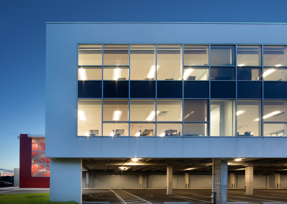 Architectural dusk view of the Mater Academy stem charter high school in Miami, FL